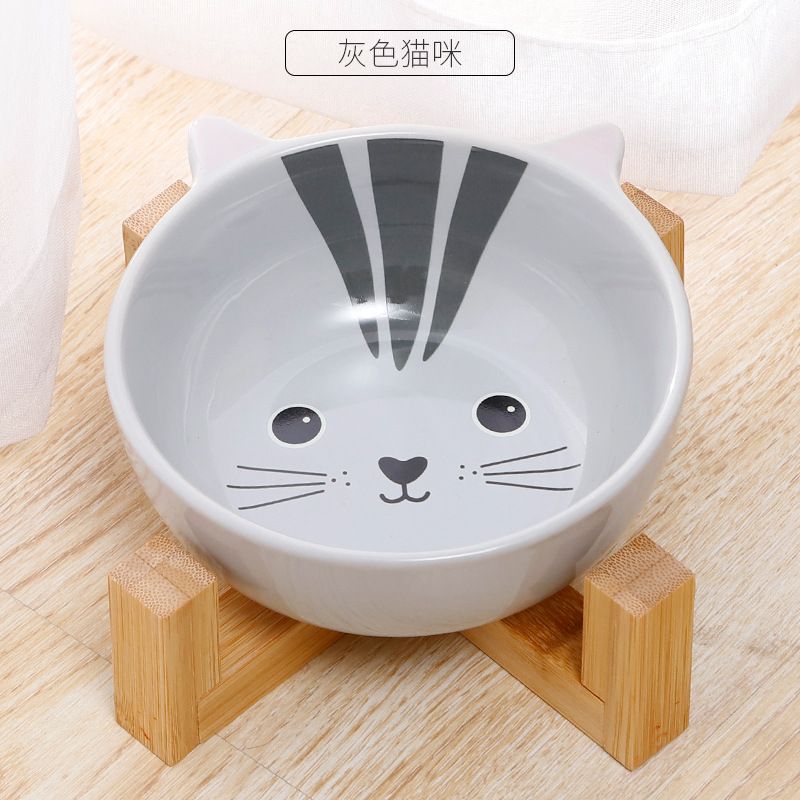 竹木架卡通陶瓷猫碗6