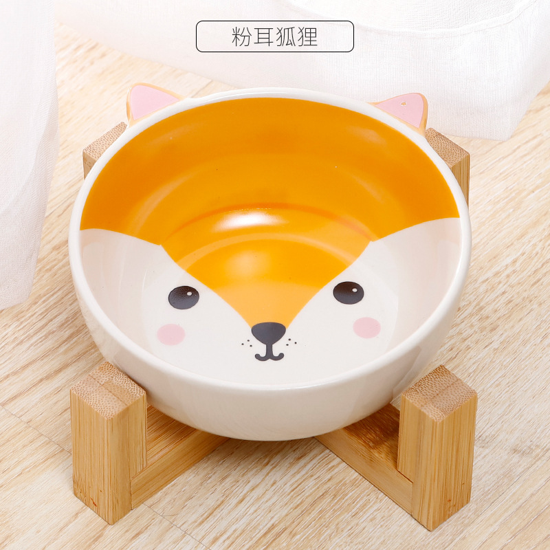 竹木架卡通陶瓷猫碗4