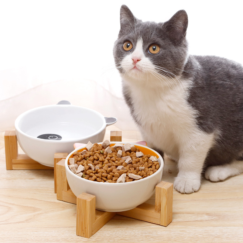 竹木架卡通陶瓷猫碗7