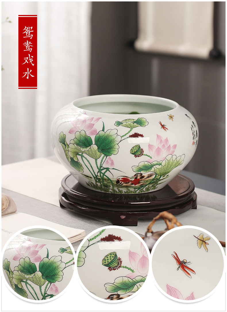 Jingdezhen ceramic aquarium fish furnishing articles the tortoise cylinder water lily bowl of water basin cylinder shallow lotus home fish ornament