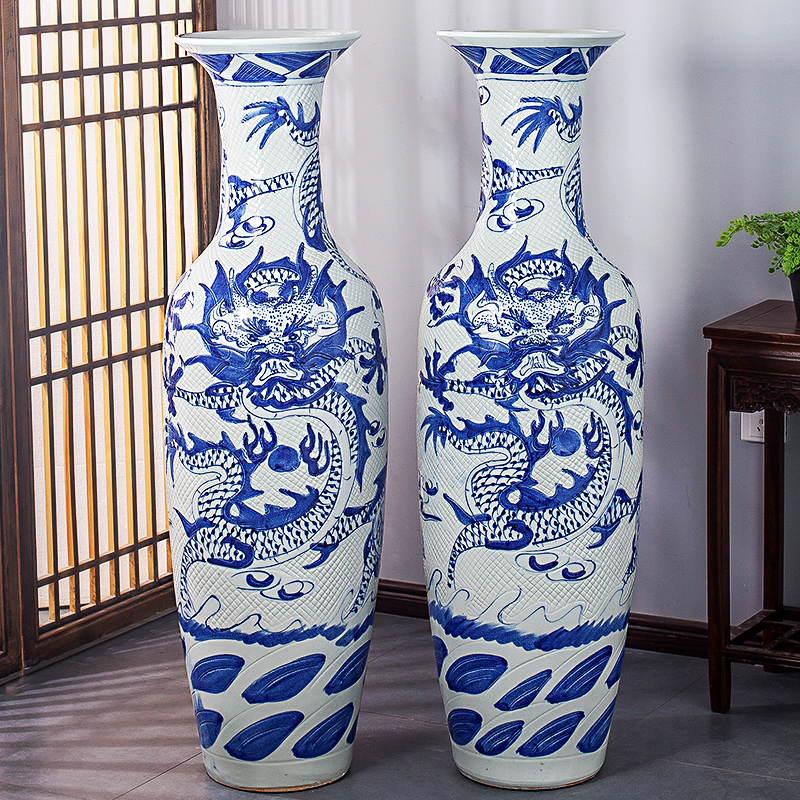 Jingdezhen ceramics antique blue and white dragon carving of large vase household hotel adornment furnishing articles