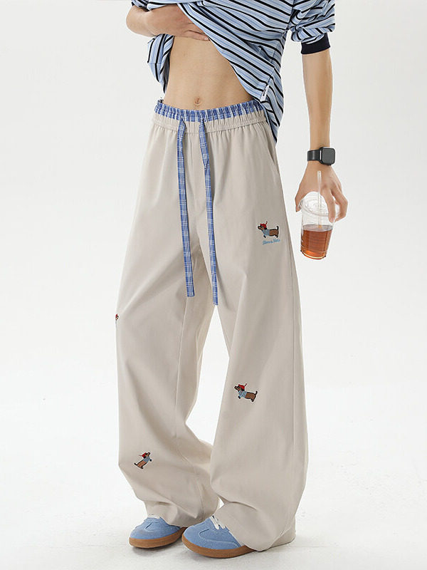 Puppy Embroidered Elastic Waist Pants for Petite Women, Autumn and Winter Sports Loose Straight-Leg Wide-Leg Trousers for Middle and High School Students