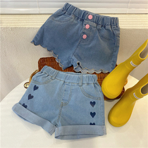 Girl Nets Red Denim Shorts Summer 2021 New Childrens Love Pants Mid-Children 50% Pants Outside of the Ocean Gas