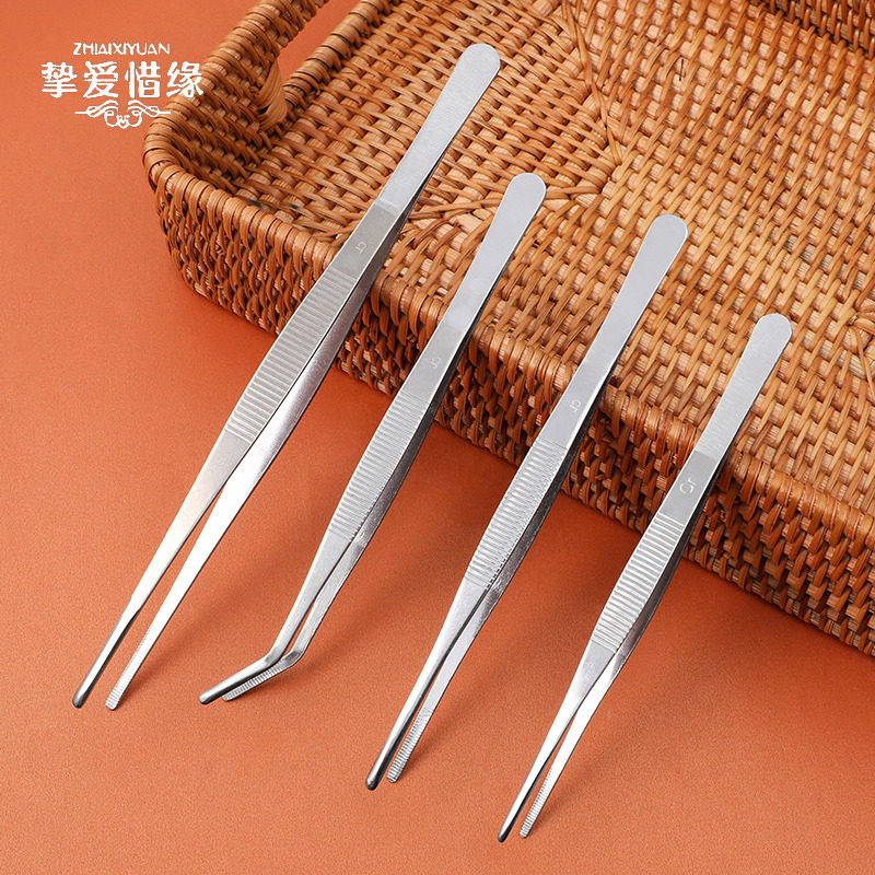 Stainless steel long handle large fleshy tweezers thickened long pointed clip Aquatic tool Elbow flat hand clip