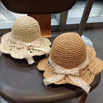 Little girl straw hat Childrens summer travel sunscreen Lace bow fisherman hat 2-year-old baby small fresh pot hat