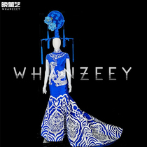 Bar gogo performance costume female blue and white porcelain long skirt Chinese style nightclub show stage outfit catwalk model