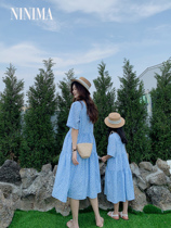 Ninie Mom Light Blue First Love Point Bubble Short Sleeve Dress with Sweet Sand Beach