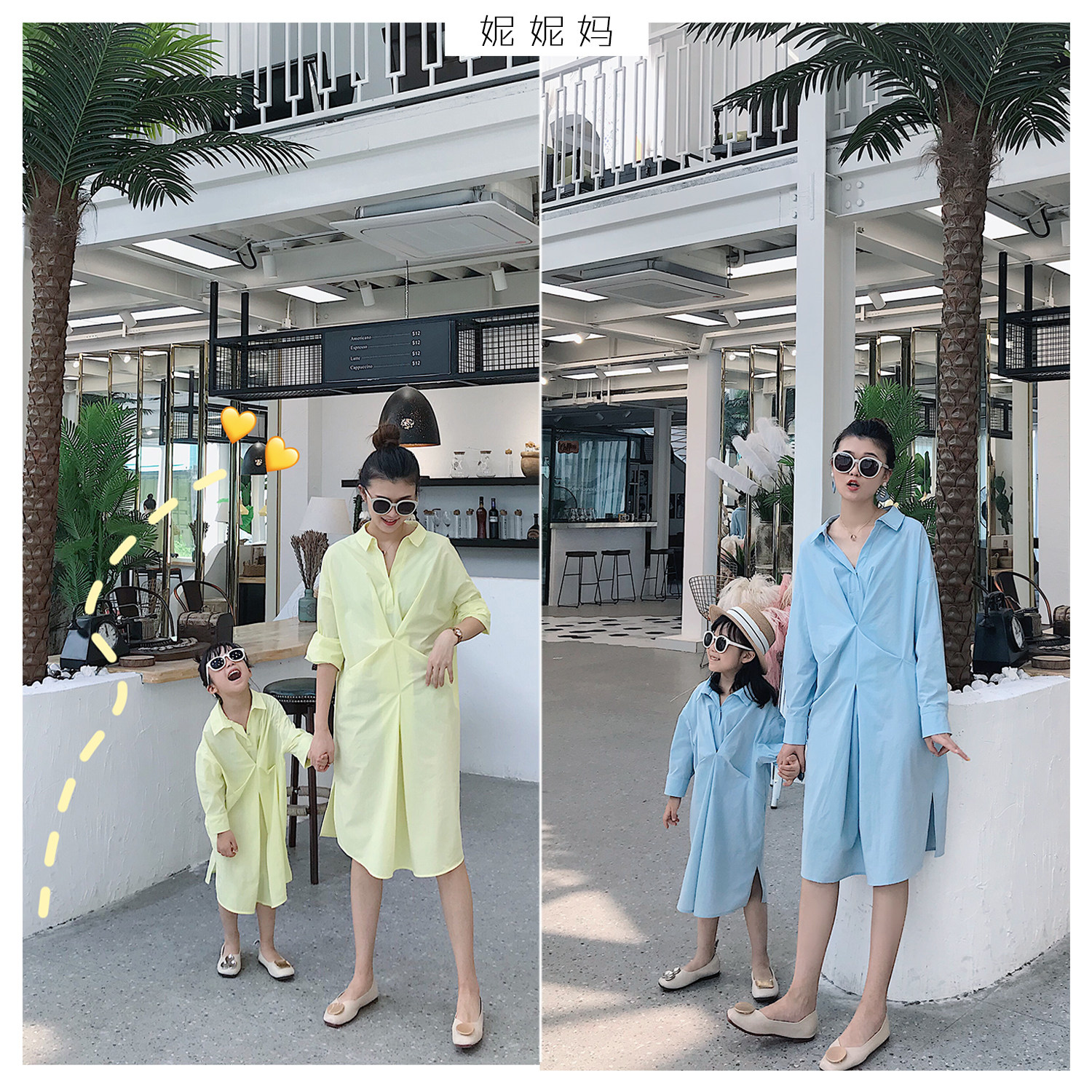 Nini mother parent-child clothing original design sense summer new net red solid color mid-length shirt-style dress mother-daughter dress