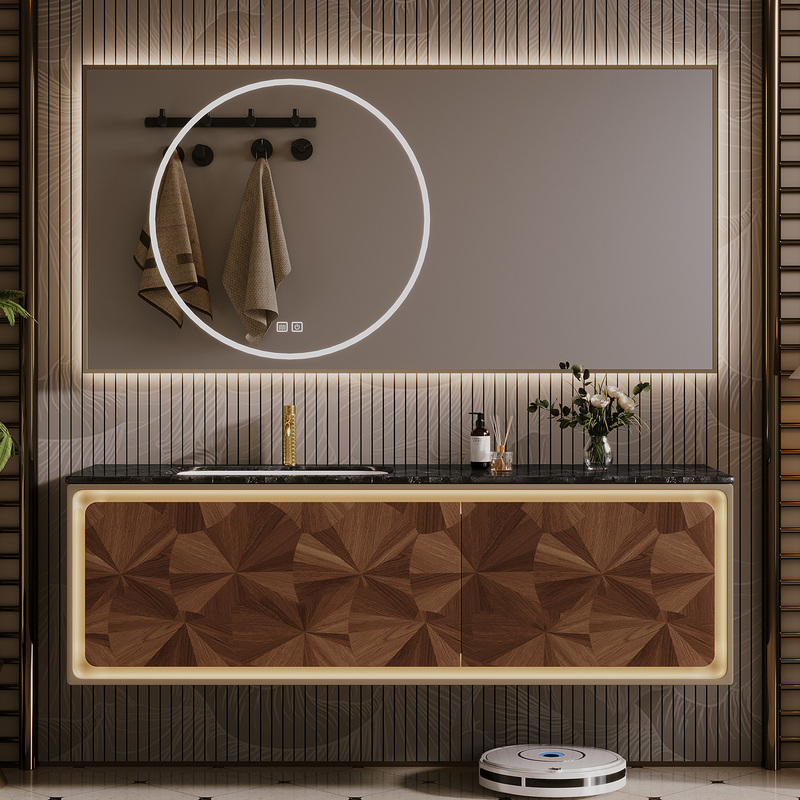 Xinaolang High-End Imported Wood Veneer Mosaic Bathroom Cabinet Set with Natural Luxury Stone Washbasin Xinaolang High-End Imported Wood Veneer Mosaic Bathroom Cabinet Set with Natural Luxury Stone Washbasin