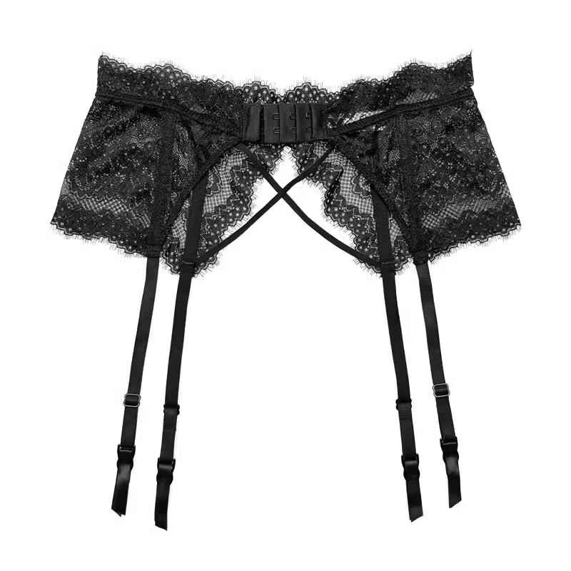 Foreign Trade European and American Style Sexy Black Widened Cartilage Eyelash Lace Hollow Metal Clip Three-Row Five-Button Stockings Garter Belt