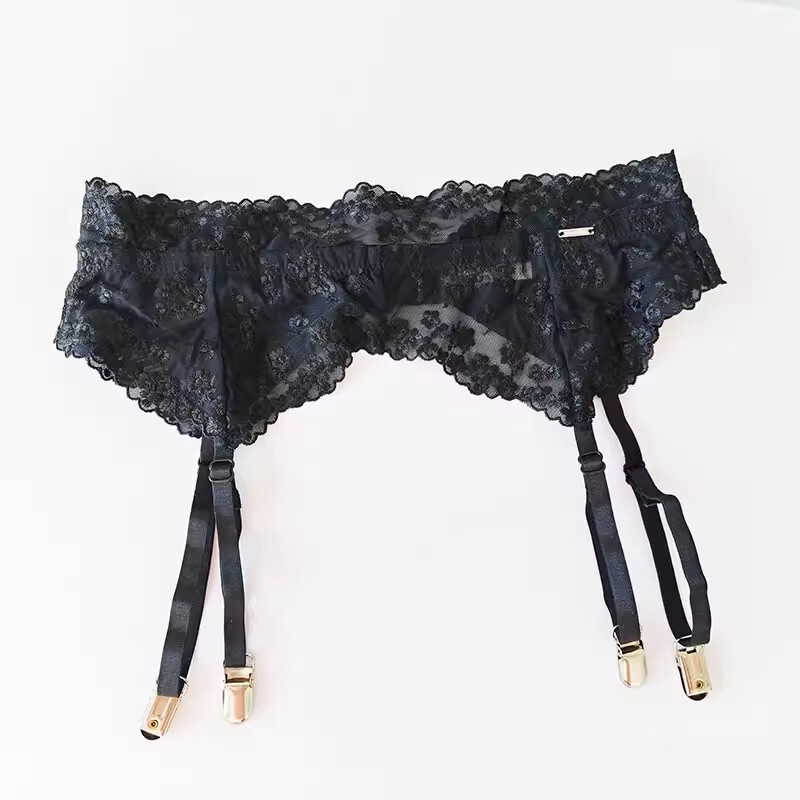 New High-Quality Sexy Mesh Embroidered Floral Skin-Tight See-Through Garter Belt with Metal Four-Row Two-Button Duckbill Garter Clips