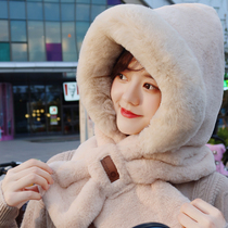 Hats and scarves one female autumn and winter 2021 explosive cute plush cold-proof hooded ear protection Korean version of Joker warm