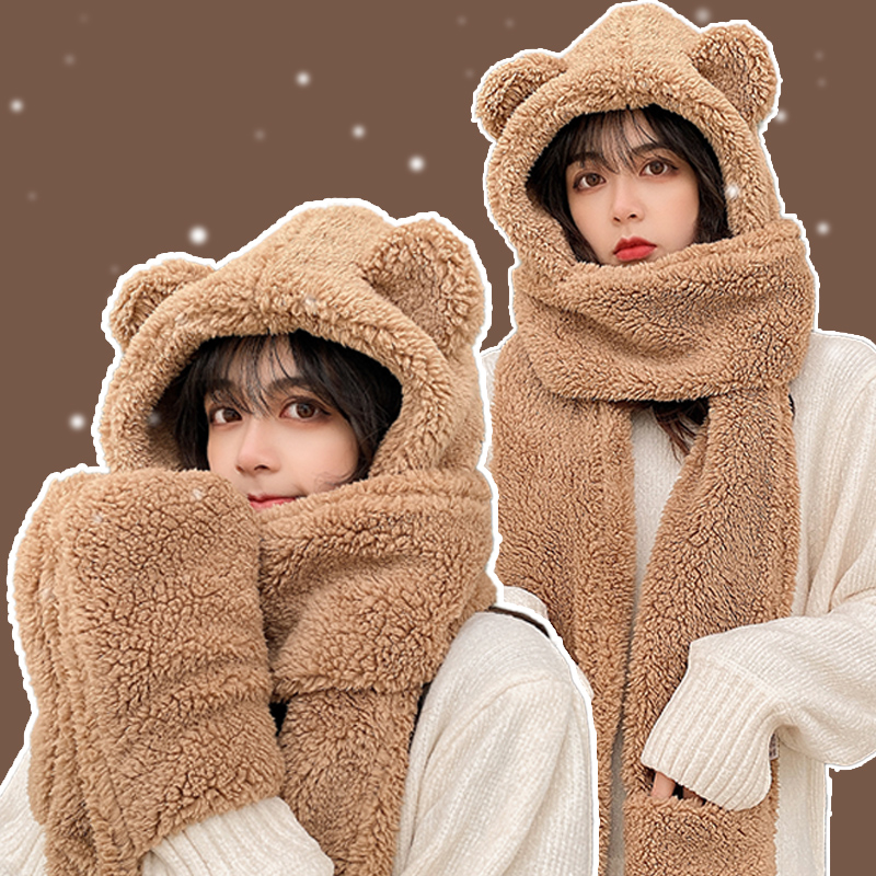 Bear hat scarf one female autumn and winter 2021 new big brand Korean version Joker cute plush warm scarf