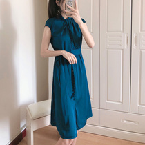 French glossy satin mulberry silk high-set silk dress summer light luxury peacock blue lace Medium-length dress