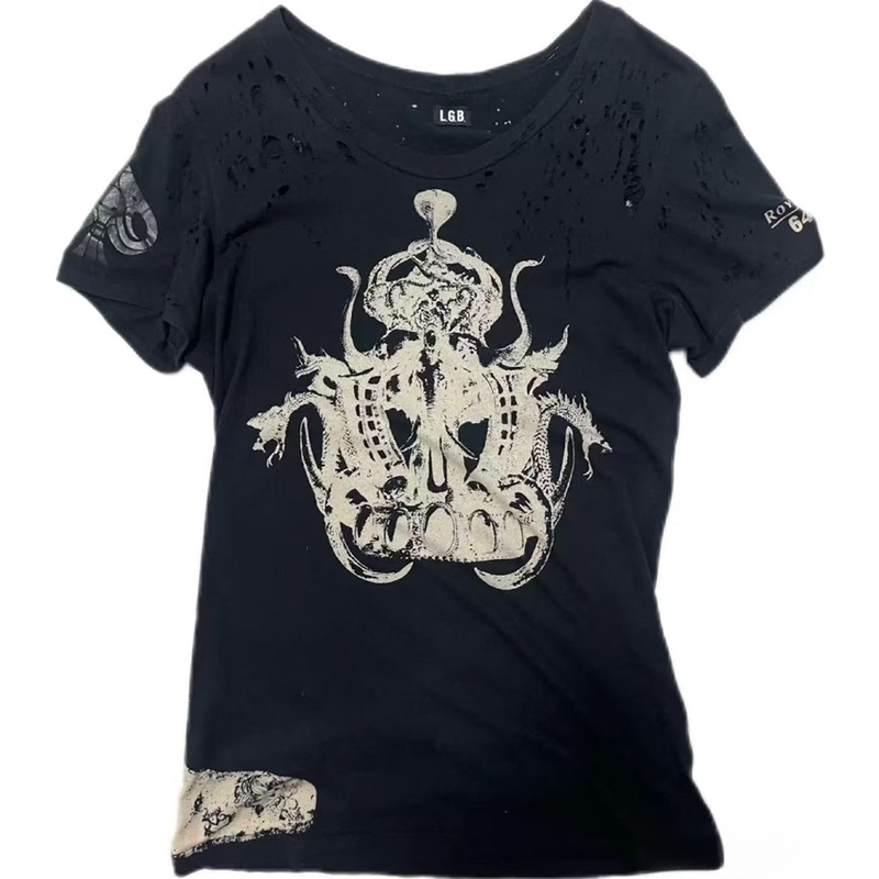 Lgb Wormhole God Statue Collaboration Short Sleeve T-Shirt Dark Gothic Style Irregular Distressed Print T-Shirt