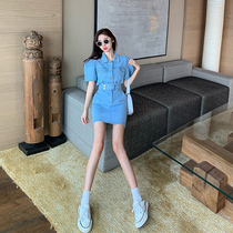 Hong Kong style set womens retro chic summer 2020 new light ripe denim jacket skirt two-piece foreign style tide