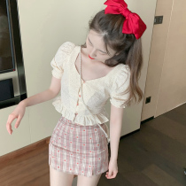 Net red Yang Qi light ripe suit female Port flavor lantern top Plaid half skirt two-piece spring 2021 New