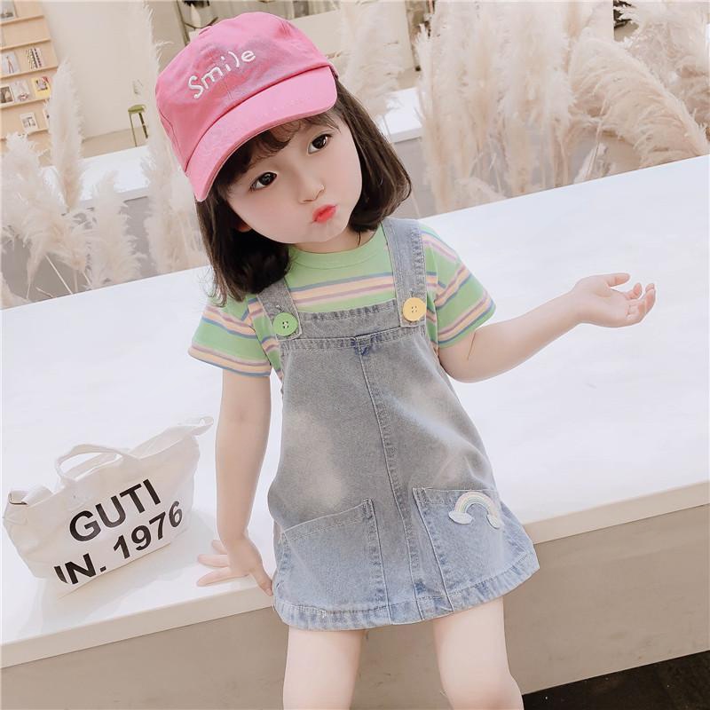 Girls ' net Red baby bag skirt suit 2020 summer Korean version of the Foreign school girls baby striped short-sleeved fashionable two-piece set tide