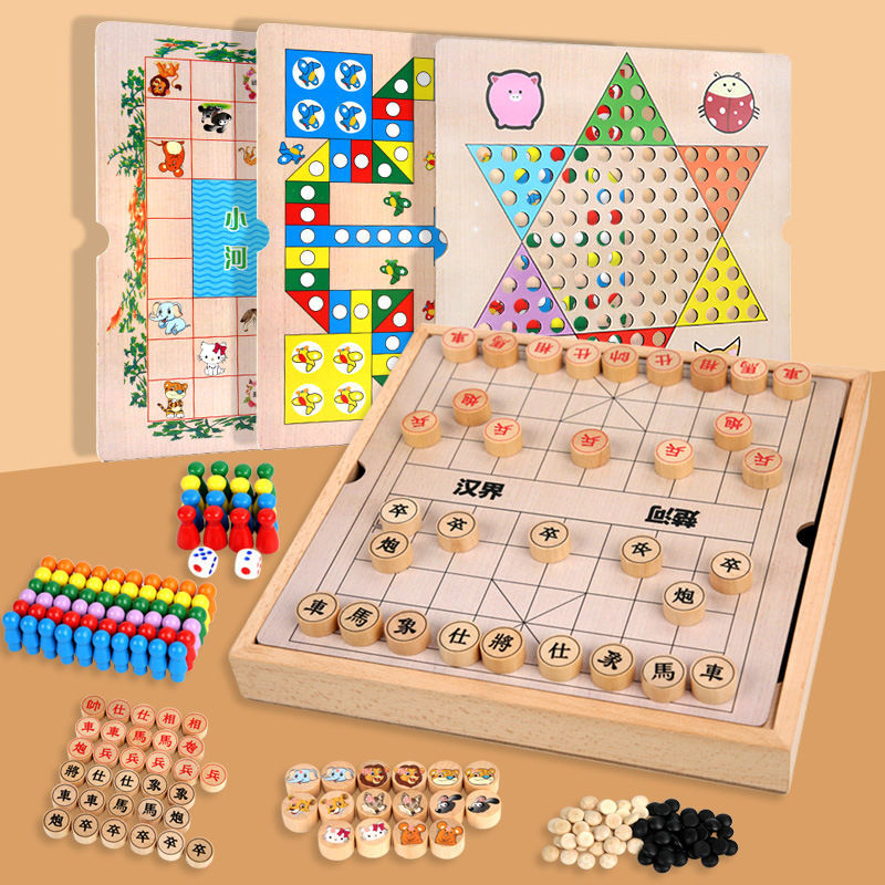 Student flying chess checkers backgammon military chess primary school students chess wooden chessboard chess piece puzzle two-in-one toy
