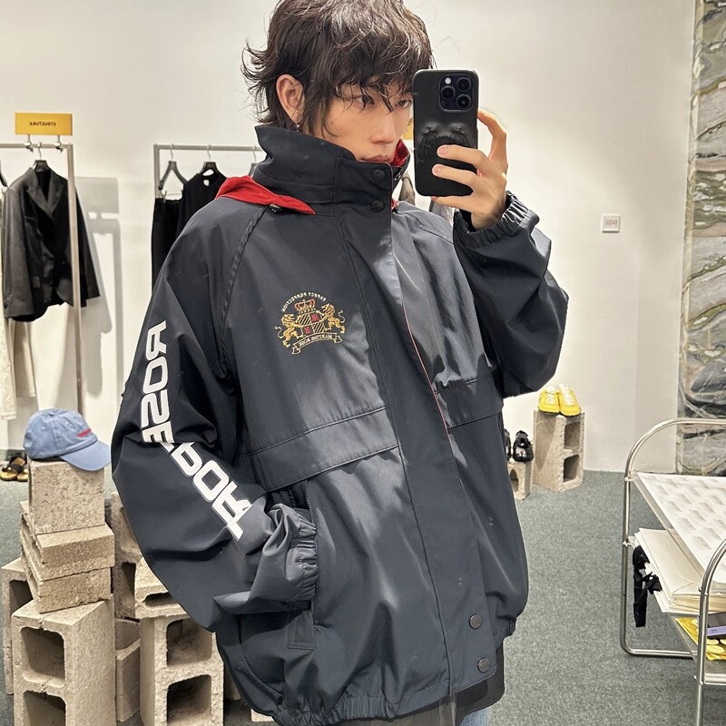 Martine Rose 26Ss Navy Blue Contrast Sports Jacket with Medal Embroidery Hood, Unisex Martine Rose 26Ss Navy Blue Contrast Sports Jacket with Medal Embroidery Hood, Unisex