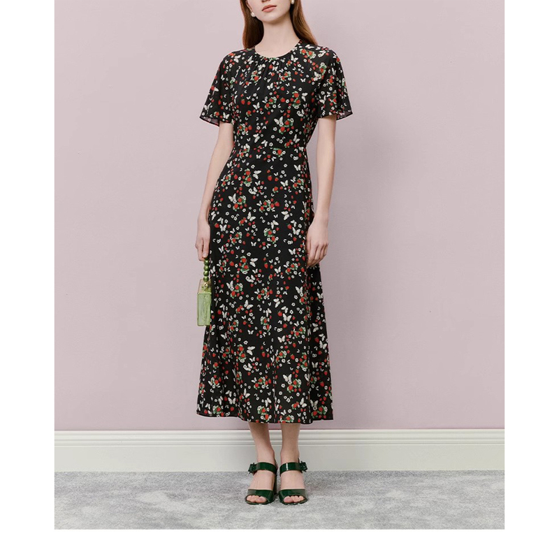 Seasonal New Product French Brand Original Black Silk Printed Dress Round Neck A-Hem Pocket Elegant Long Skirt