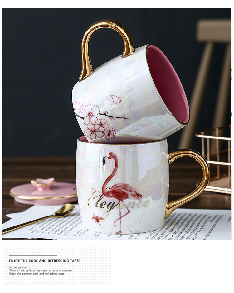 Shu of ins design dazzle see flamingos getting water pearl glaze ceramic keller cup coffee cup with cover with a spoon