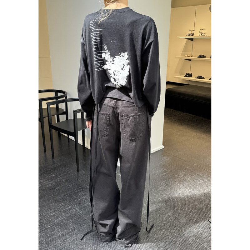 Ann Demeulemeester Nikita Floral Poetry Black Loose Round Neck T-Shirt with White Ink Print Long Sleeves