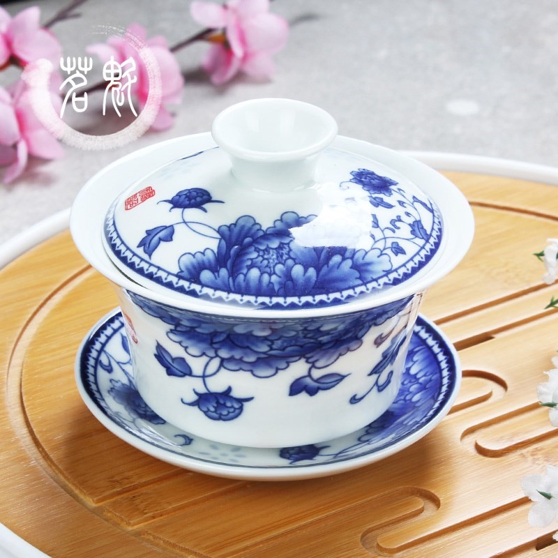 Blue and white large cover bowl tea bowl kung fu tea set three talents bowl ceramic blue and white porcelain tea cup hand grab bowl tea maker