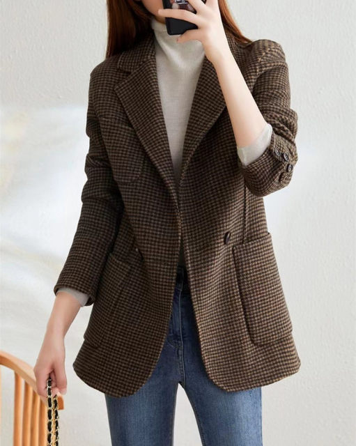 2022 autumn and winter new woolen houndstooth temperament suit jacket women's popular casual all-match fashion tops