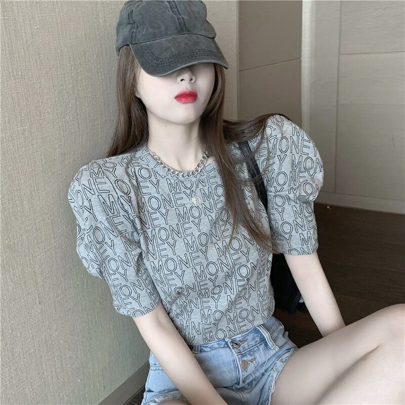 French alphabet bubble sleeve T shirt tops 2023 summer new tide in niche design feels thin bubble bubble