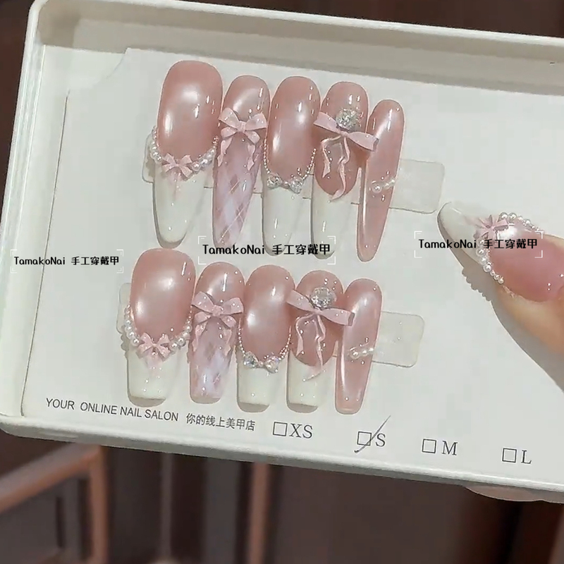 Sweetheart Girl's Handmade Wearable Nails, Ice-Clear Cat-Eye Pink Bow, Sweet French Style, Brightening Atmosphere Nail Art