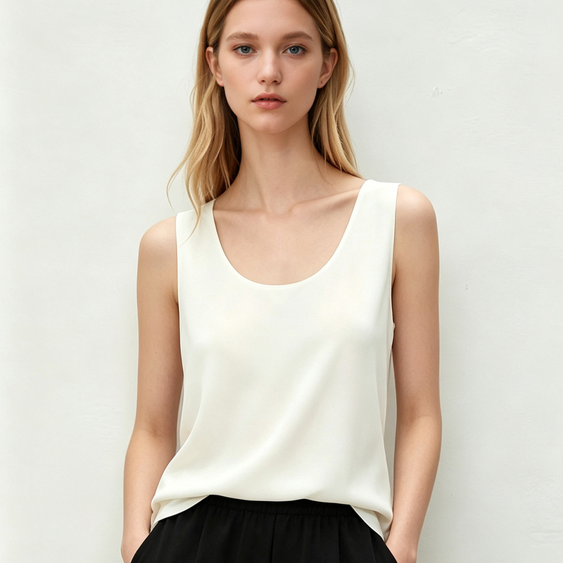 Double-Layered Silk Vest for Women, Spring and Summer, U-Neck, Shimmering, Suitable for Wearing under a Suit or as an Outer Layer, Mulberry Silk Base Layer Top