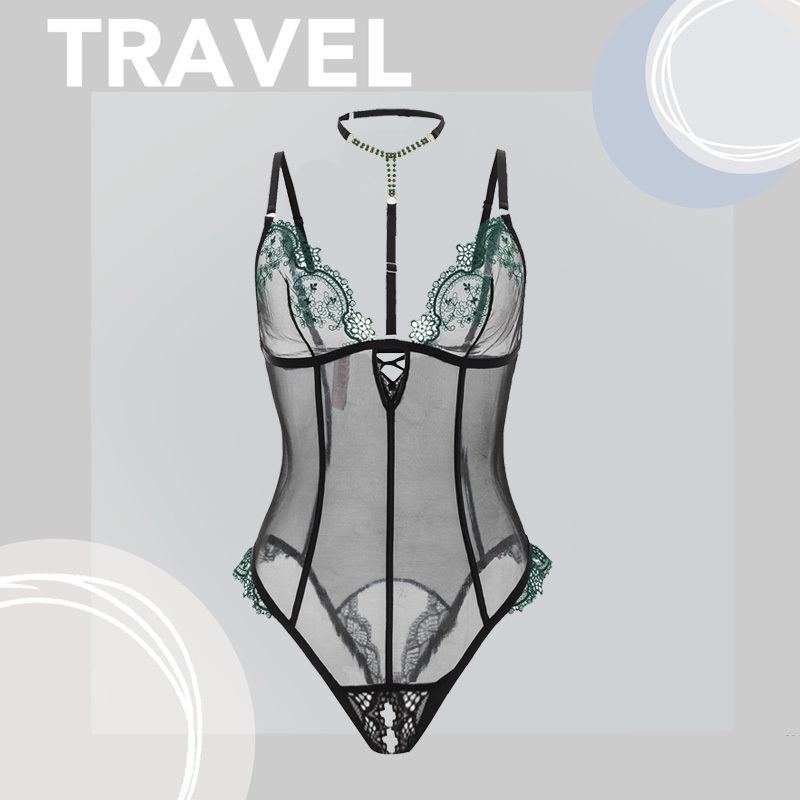 European and American Style Black Hollow-Out Halter Neck Embroidered Bra, Push-Up Thin Lace Inner Wear, One-Piece Sexy Lingerie Set for Women