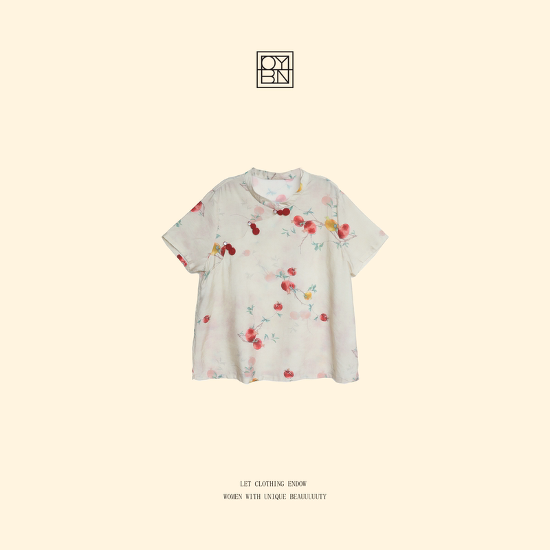 Oybn Ouyang Beini【Sweet Pomegranate】Slightly Plus-Size New Chinese-Style Button-Up Pomegranate Print Short-Sleeve Top 9629 Oybn Ouyang Beini【Sweet Pomegranate】Slightly Plus-Size New Chinese-Style Button-Up Pomegranate Print Short-Sleeve Top 9629