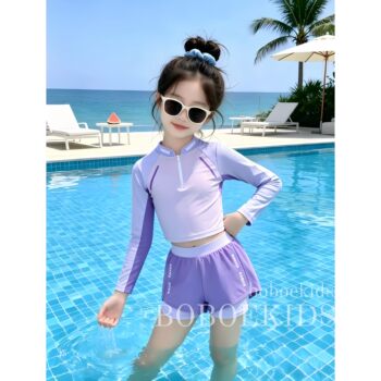 Counter high-end ຊຸດ swimsuit ເດັກຍິງ summer 2026 ໃຫມ່ contrast ສີ sunscreen ແຂນຍາວເດັກນ້ອຍສັ້ນຂອງກິລາກິລາ