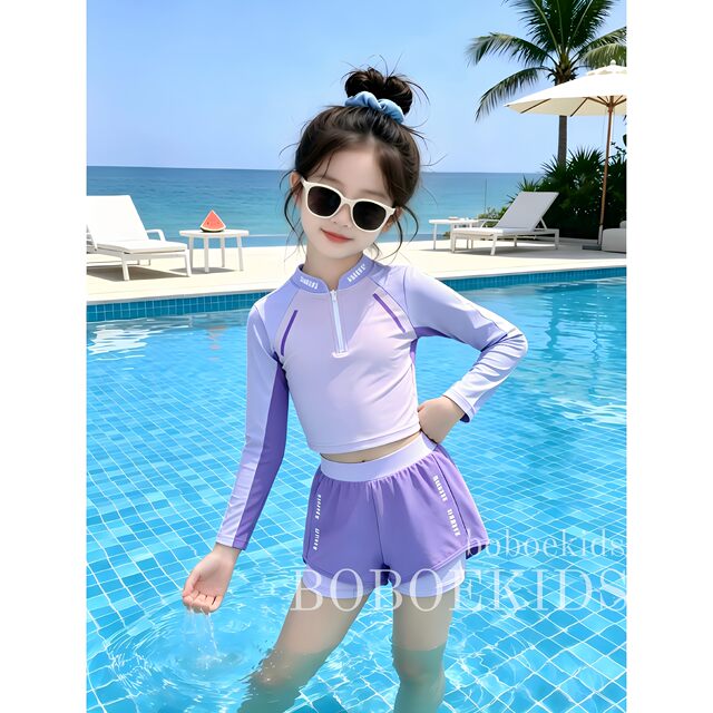 Counter high-end ຊຸດ swimsuit ເດັກຍິງ summer 2026 ໃຫມ່ contrast ສີ sunscreen ແຂນຍາວເດັກນ້ອຍສັ້ນຂອງກິລາກິລາ