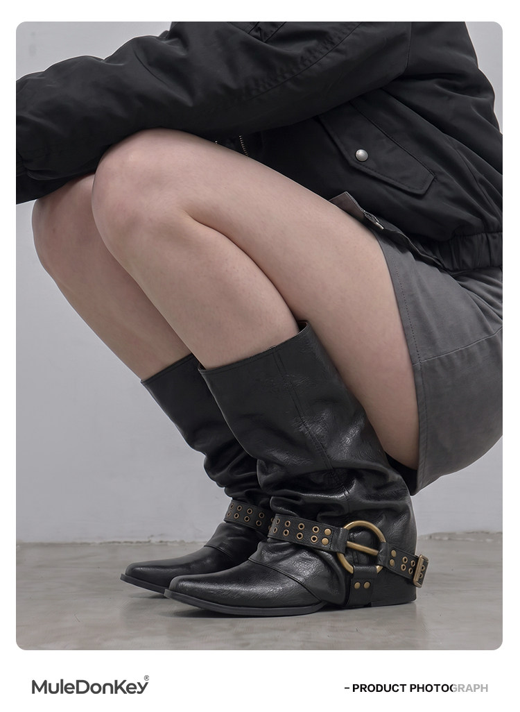 Mule Donkey Studded Pointed-Toe Mid-Calf Boots