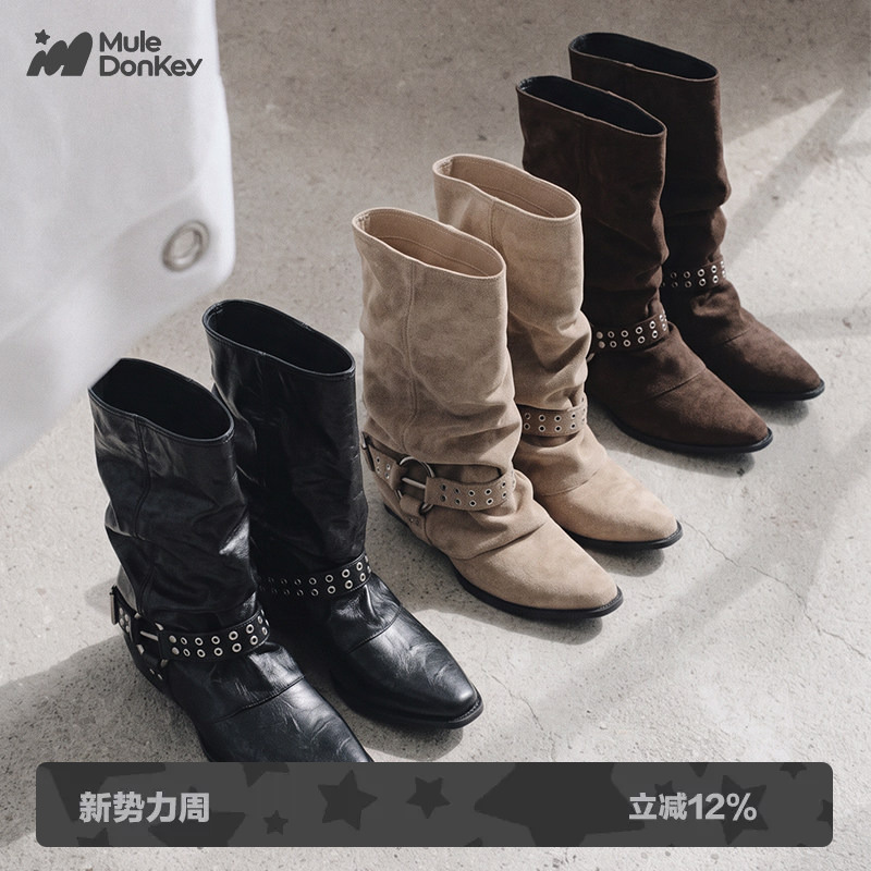 Donkey Pointed-Toe Ruched Stacked Boots for Women with Belt Buckle, Riding Boots, Western Trouser Boots, Mid-Calf Boots Donkey Pointed-Toe Ruched Stacked Boots for Women with Belt Buckle, Riding Boots, Western Trouser Boots, Mid-Calf Boots