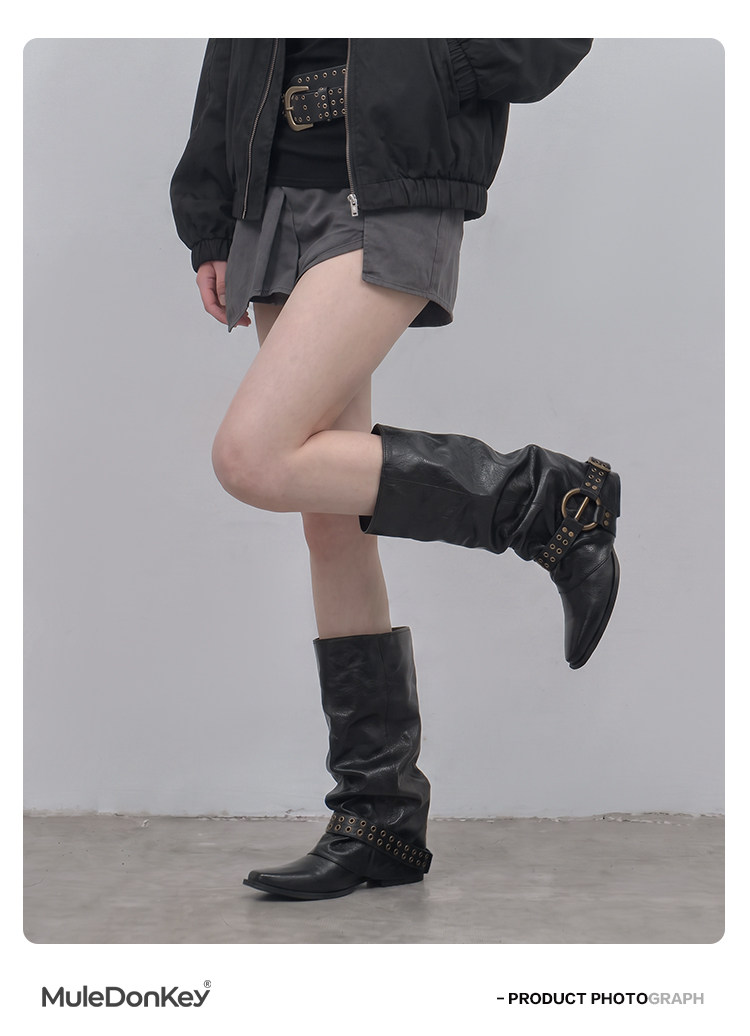 Mule Donkey Studded Pointed-Toe Mid-Calf Boots