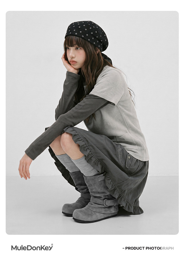 Mule Donkey Suede Buckle Strap Slouch Boot
