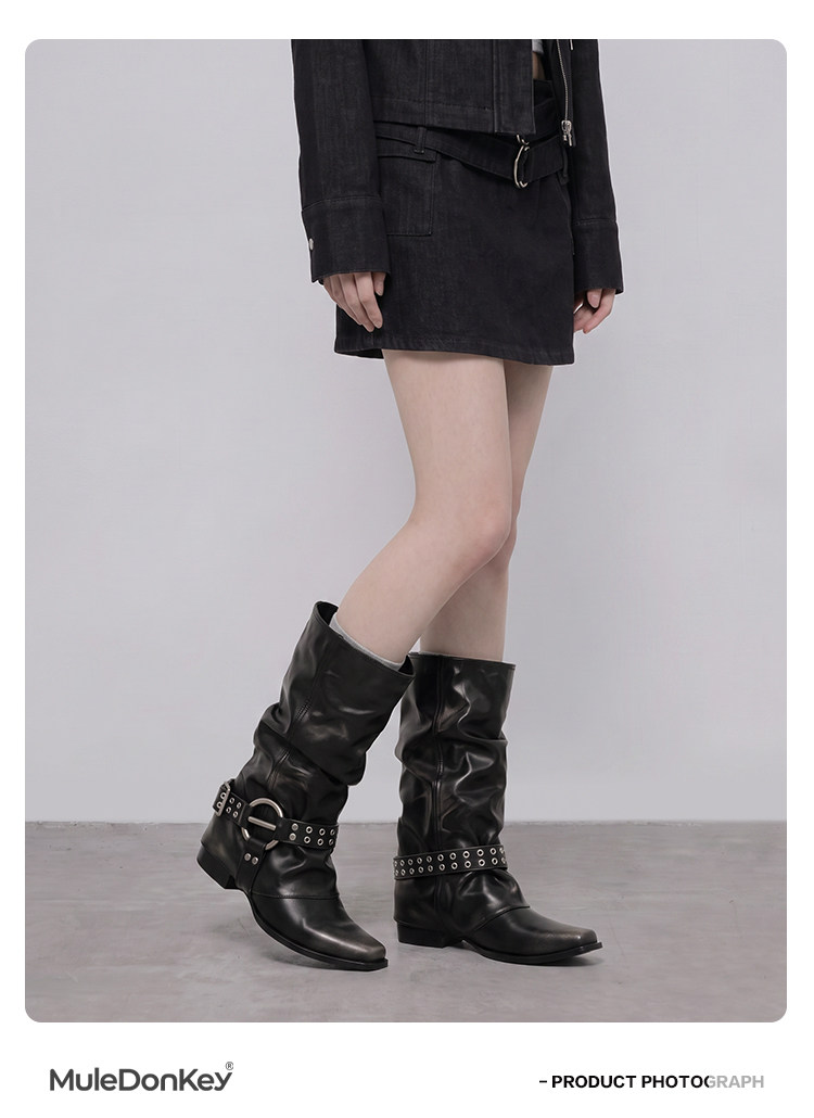 Mule Donkey PU Pointed-Toe Mid-Calf Boot