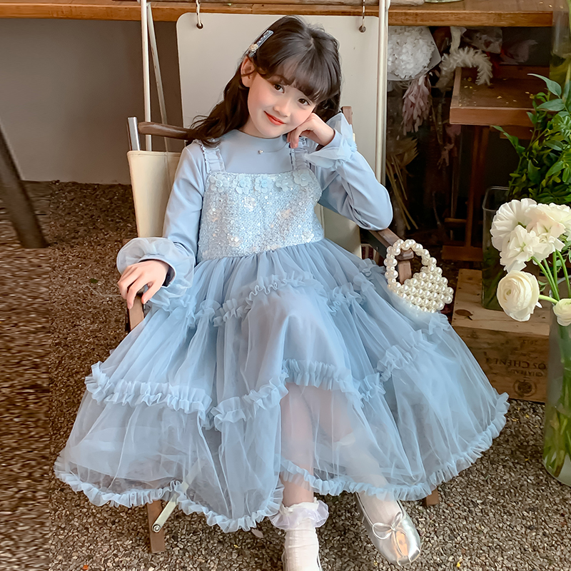 女の子ドレス 2025 春新作 子供用 プリンセスドレス 女の子 メッシュスカート 大きい子供 春秋 アイシャ ロングスカート