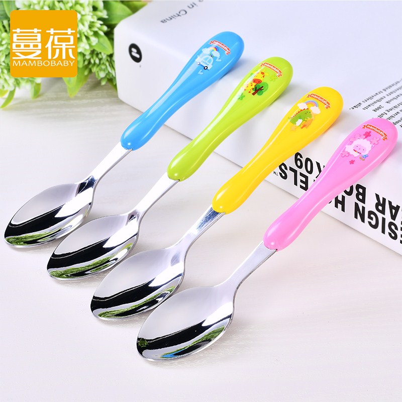 Manbao children's tableware baby stainless steel rice spoon thickening anti-scalding handle spice spoon cartoon baby spoon fork