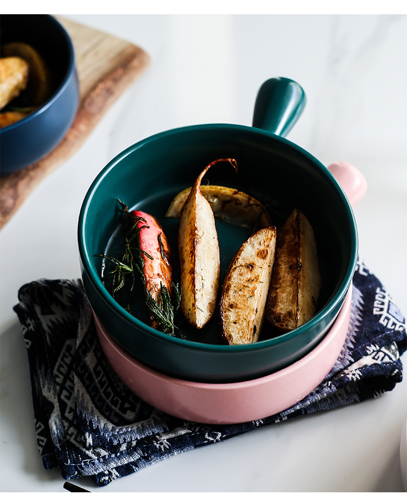 Roasted bowl Nordic household ceramic bowl breakfast baking bowl with the handle of the big bowl of oven baked bread and butter fruit bowl