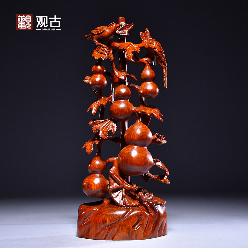 Rosewood carving Wufu Linmen gourd ornament root carving mahogany Chinese living room decoration opening housewarming gift