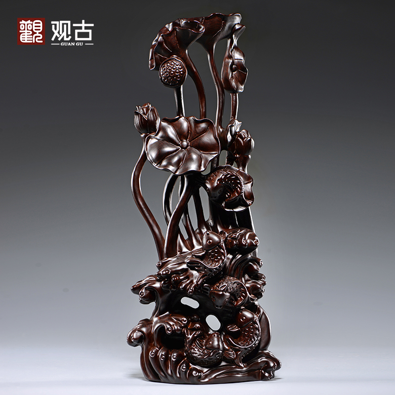 Ebony annual fish root carving lotus carving ornaments Mahogany home decoration craft gift ornaments Opening housewarming gifts