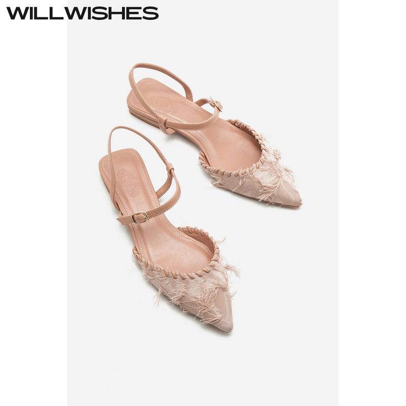 Willwishes Wang Ding Designed 2026 Spring and Summer Pointed Toe Shallow Mouth Flats for Women, French Style Flat Tassel Sandals