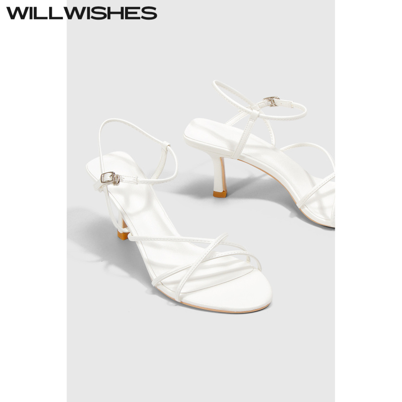 Willwishes Wang Ding Designed French-Style Sandals for Women, Summer Fashion White Stiletto Strap High Heels for Women