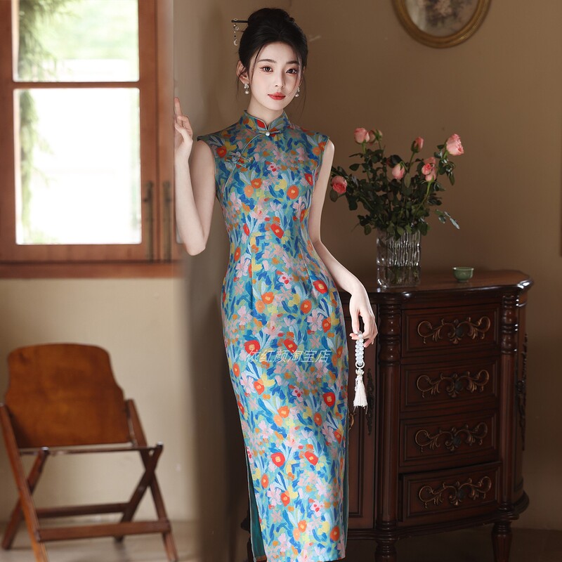 Elegant Cheongsam with Floral Print, Gentle and Age-Reducing, New Chinese Style Daily Dress for Women, 2026 Summer Long Sleeveless Dress That Makes You Look Fairer Elegant Cheongsam with Floral Print, Gentle and Age-Reducing, New Chinese Style Daily Dress for Women, 2026 Summer Long Sleeveless Dress That Makes You Look Fairer