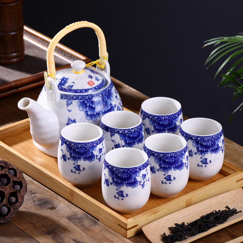 1 liter of beam pot Jingde Town ceramic tea set household complete teapot 6 cups in Japanese 1 pot 6 cups